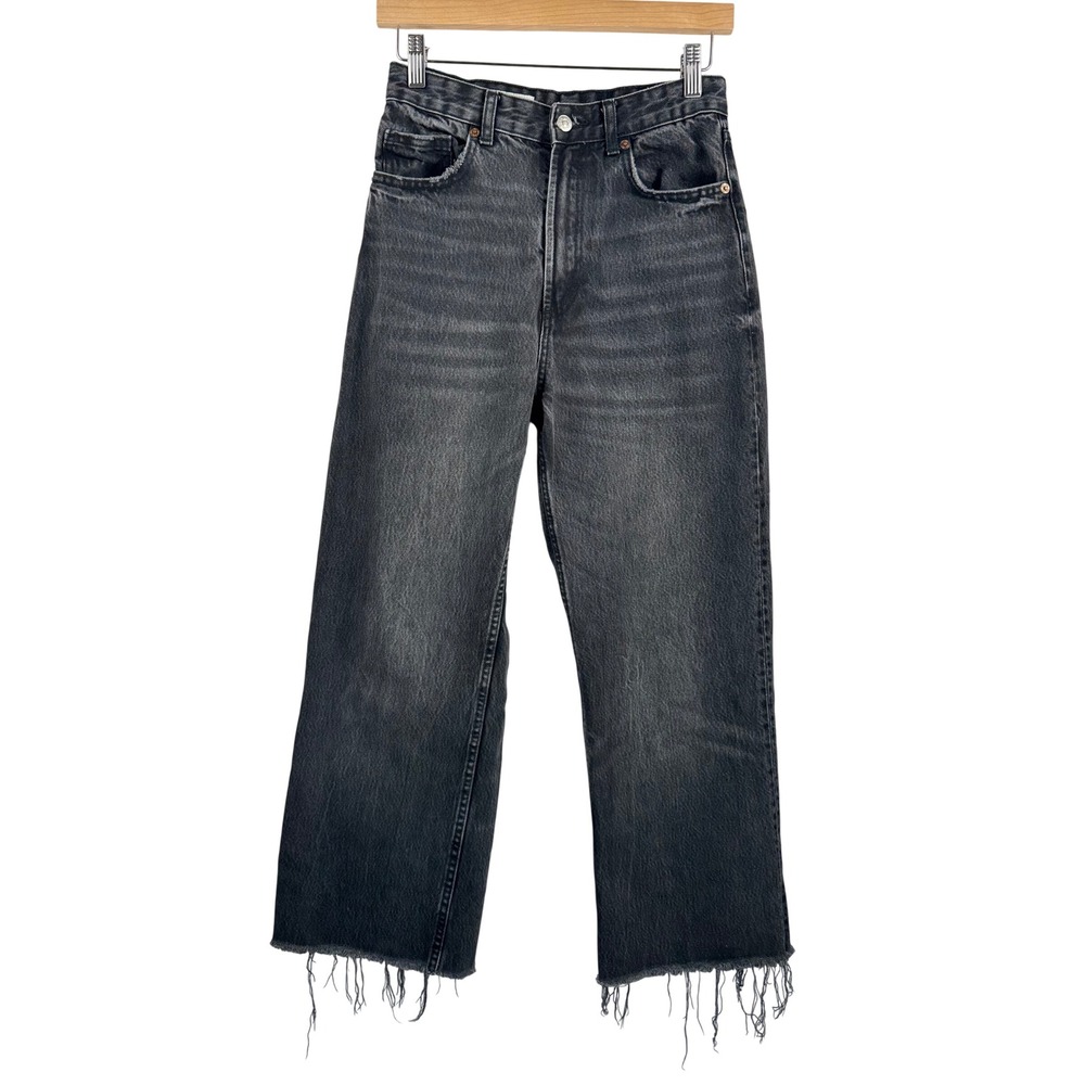 Zara Cropped Jeans 4 Black Denim Raw Hem Frayed wide leg grunge 90s